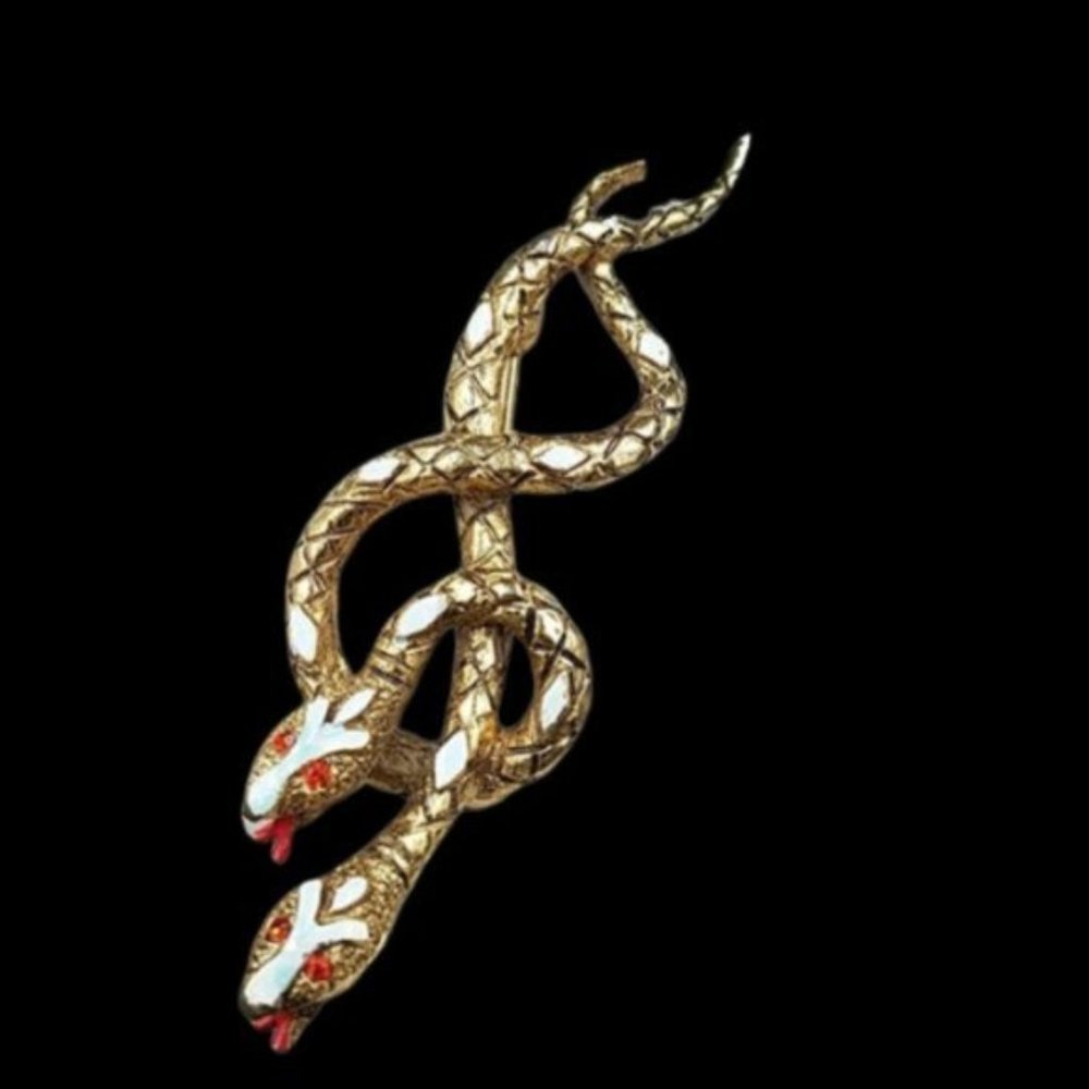 Vintage Signed ART Entwined Enamel Double Snake Brooch